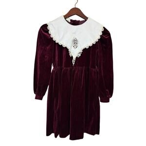 Vtg Girls Bonnie Jean Long Sleeve Velvet Maroon Dress Size 12 USA Lace Collar